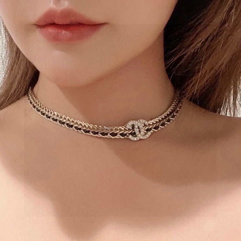 Chanel Black Leather Gold Choker