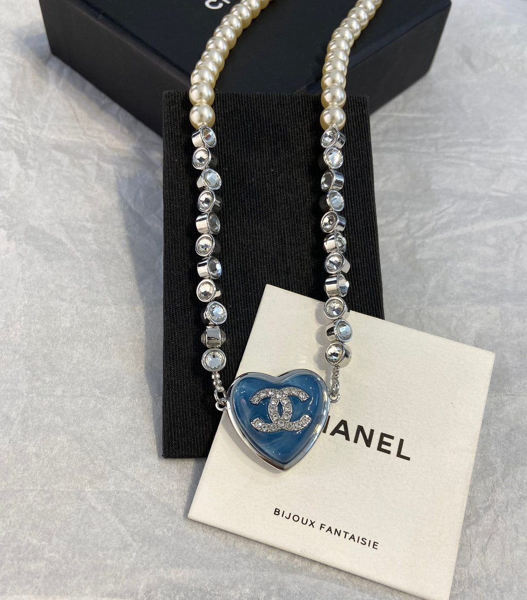 Chanel Blue Heart Pearl Diamond Necklace